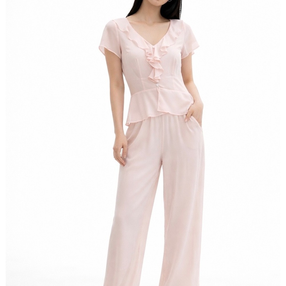 VICTORIA'S SECRET Pink Sheer Ruffle Peplum Pajama Set Top Pants Small Y2K Dainty